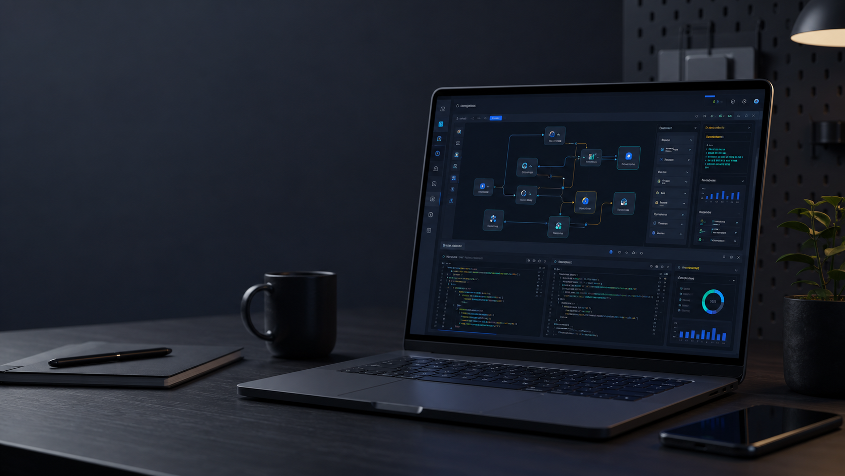 Automation workbench with connected dashboards and workflow panels
