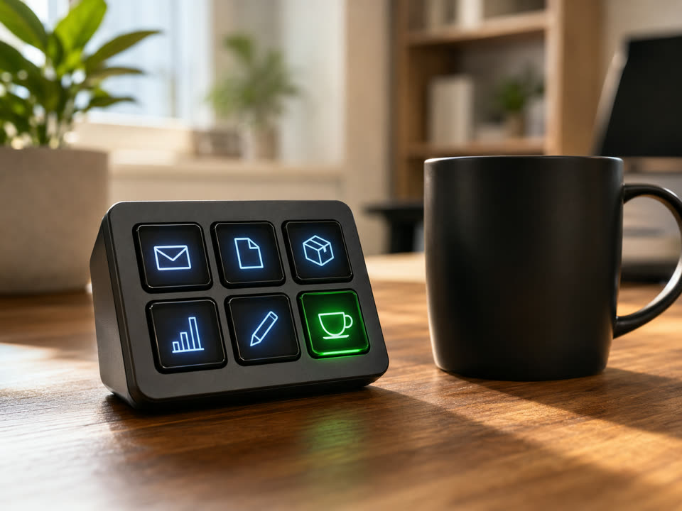 A small button deck on a desk with six glowing icon keys, the coffee key lit green after being pressed