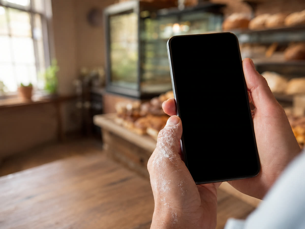Bakery owner holding a phone; the day's task is already done and waiting for one tap